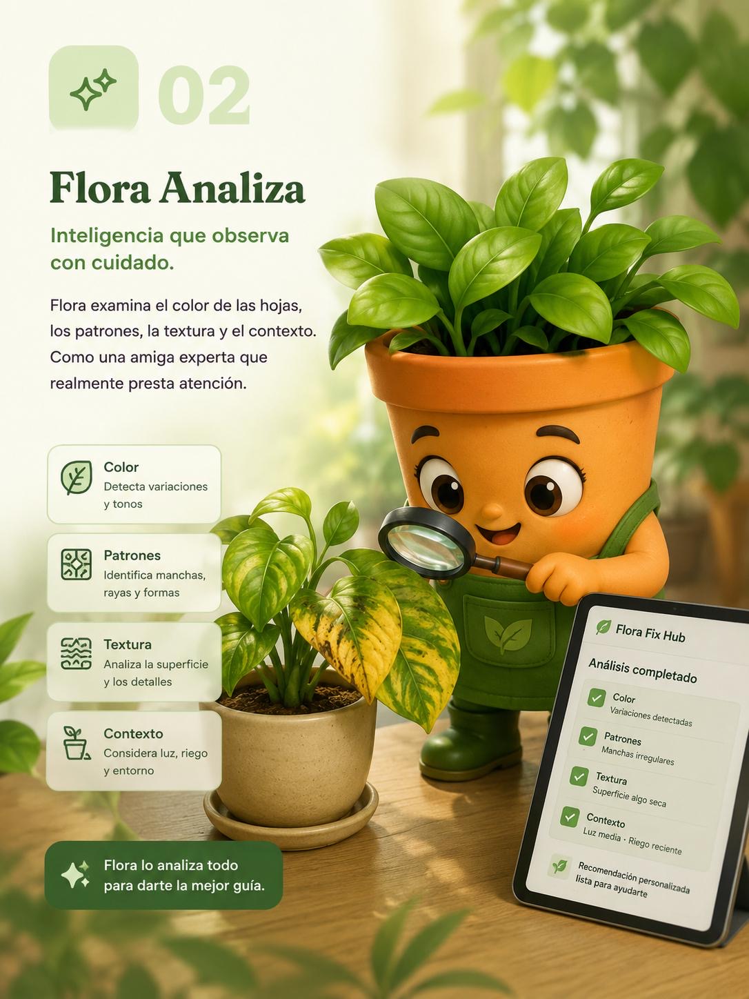 Flora analizando color, patrones y textura de las hojas
